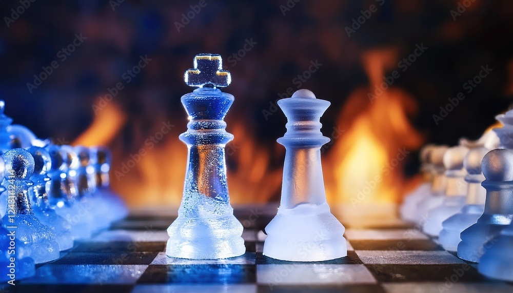 Poster creative chess setup with ice figurines on one side and flames on the other creating a dramatic cont