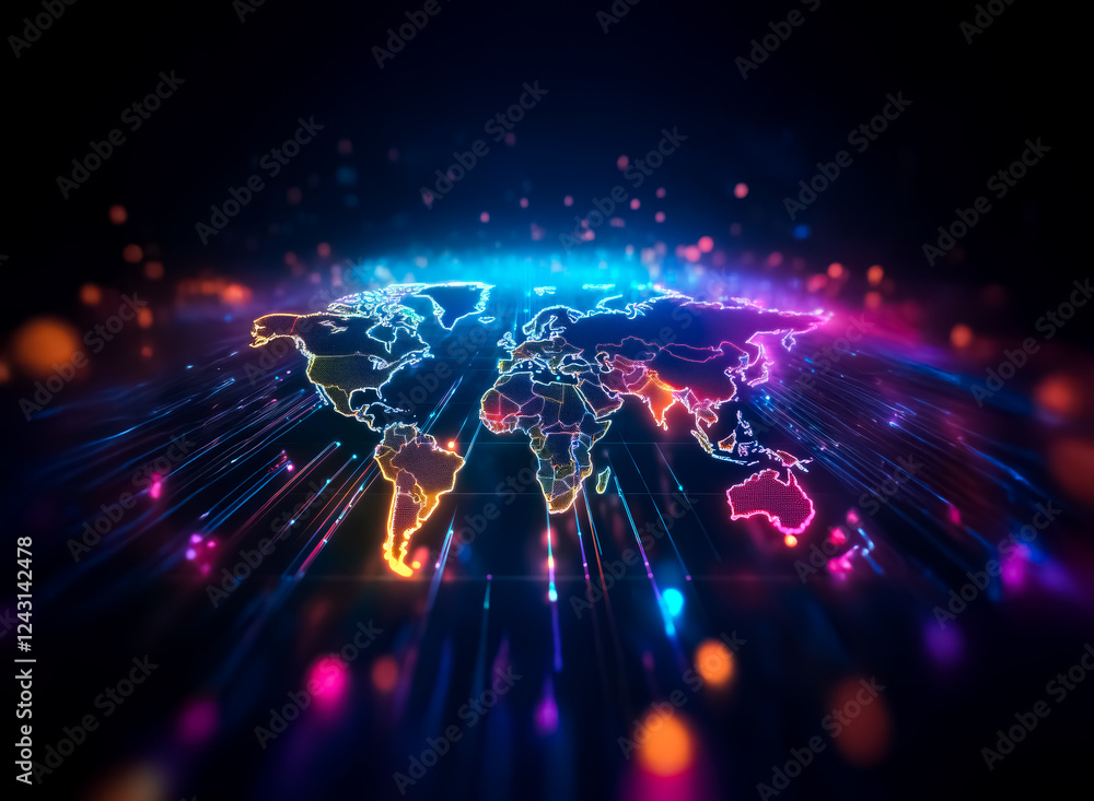 Poster vibrant world map illuminated with colorful lights and beams on a dark backdrop, symbolizing global 