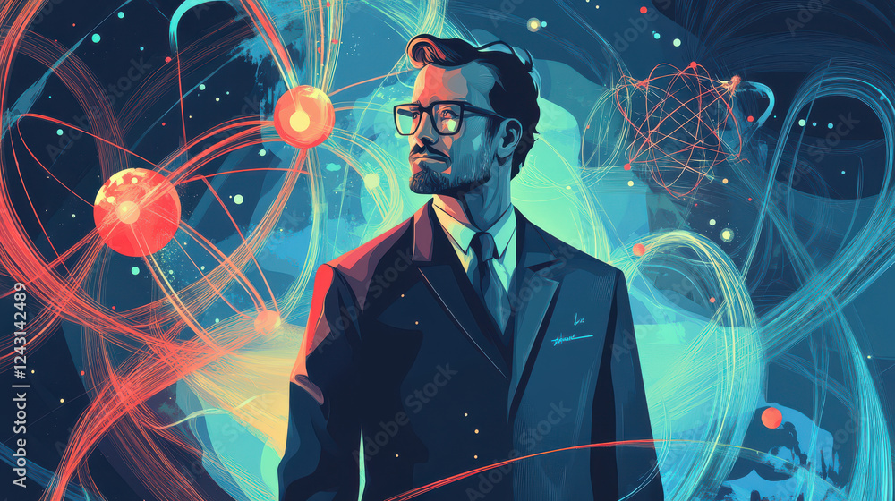 Poster theoretical physicist with equations and atom model, showcasing vibrant and dynamic background. imag