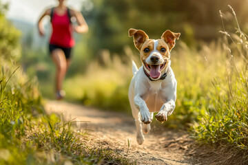 A happy dog joyfully runs along a trail, a blurred runner in the background, enjoying a sunny outdoor adventure.