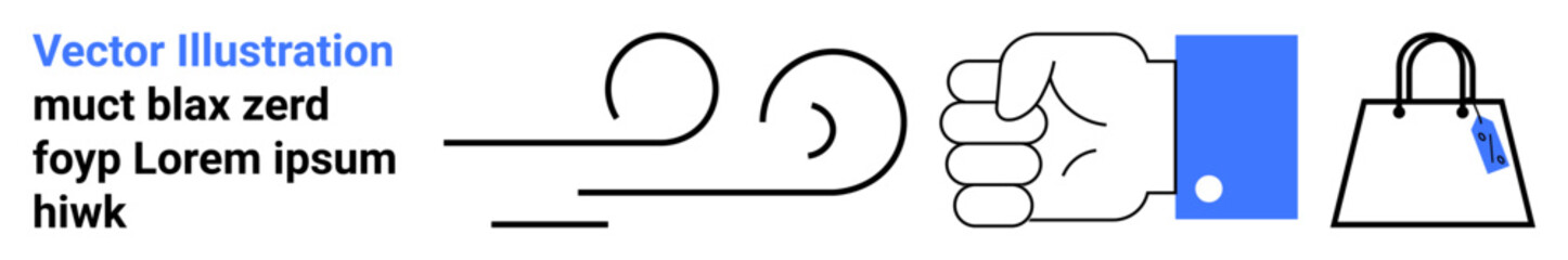 Wind swirl, clenched fist holding blue square, and shopping bag with tag represent strength, motion, and commerce. Ideal for branding, marketing, retail, strength motion e-commerce flat landing