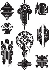 A set of decorative elements for design. Cyberpunk, gothic, retro, vintage, ornaments, patterns. Hand drawn vector illustration