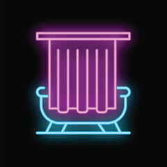 Vibrant neon illustration representing a bathtub with a shower curtain, suitable for bathroom signage or spa related designs