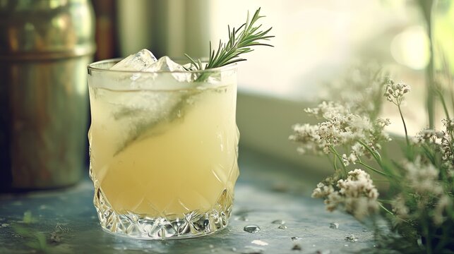 Glass of homemade elderflower lemonade with a sprig of rosemary, National Herbalist Day.