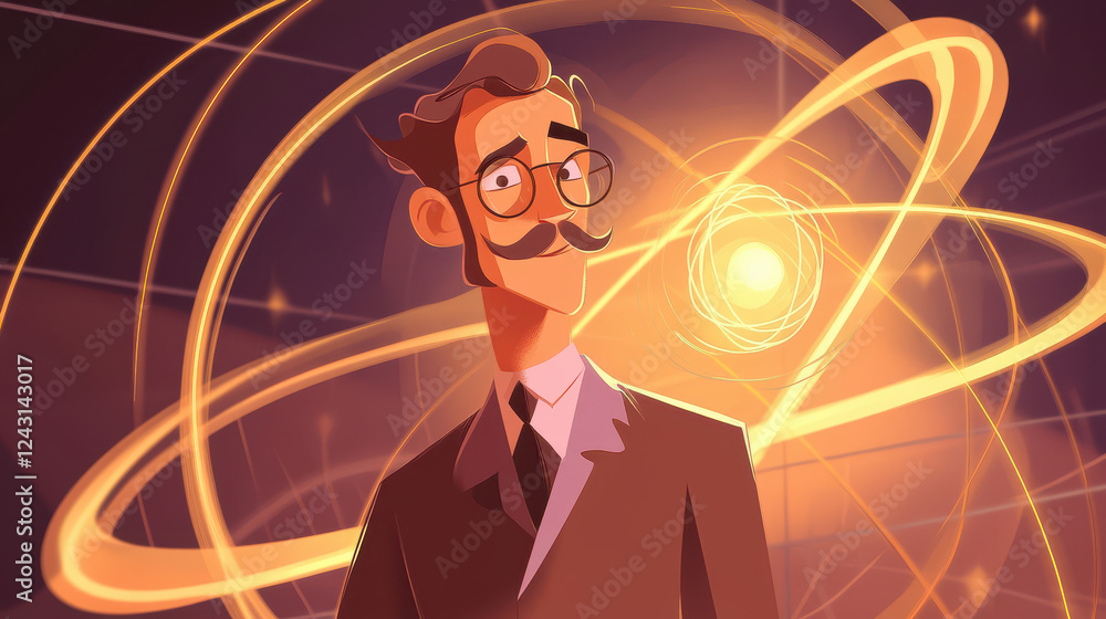 Poster theoretical physicist with equations and atom model, showcasing blend of science and creativity. cha