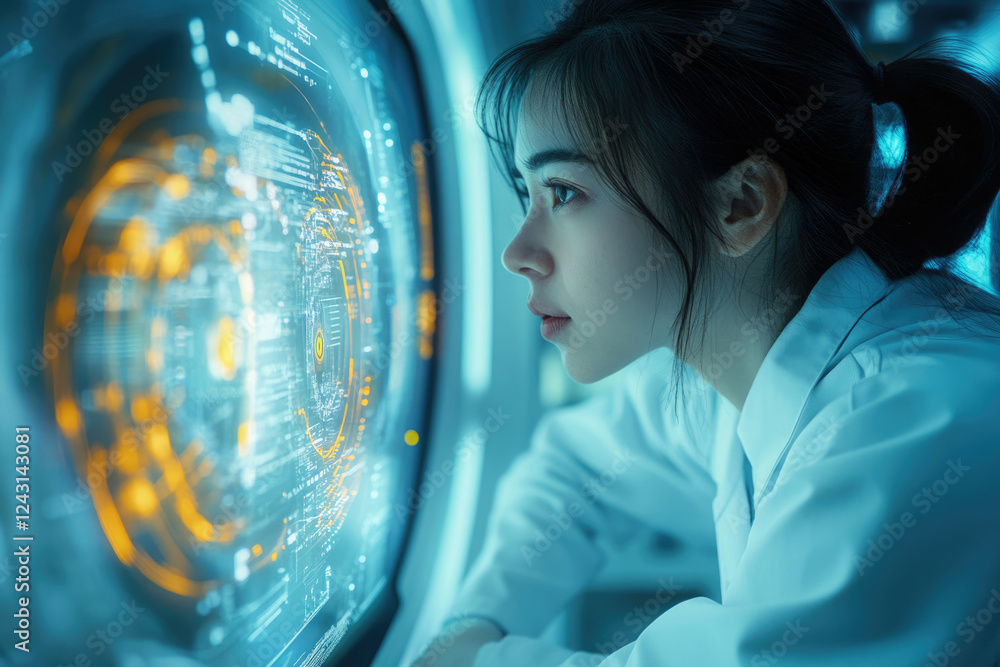 Fototapete a female scientist intensely studies a futuristic holographic display filled with complex data visua