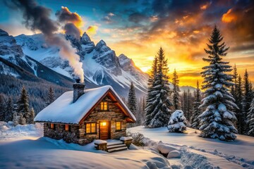 Fototapeta premium Escape to a snowy mountain cabin; stunning winter wonderland photography awaits.