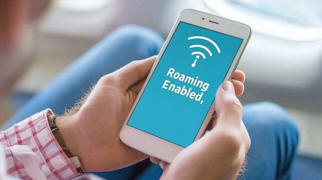 Mobile roaming activation airplane cabin smartphone image travel environment close-up view connectivity concept