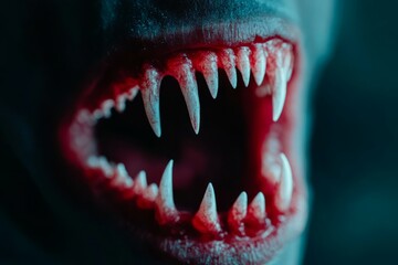 Naklejka premium Close-up of bloody vampire teeth, dim blue lighting. AI image
