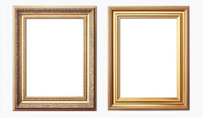 Two ornate gold picture frames hanging vertically and horizontally on white wall