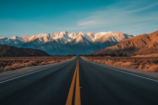 Scenic highway journey, snow-capped mountains, desert landscape, sunset