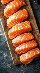 Glistening salmon sashimi arranged on a wooden sushi board.