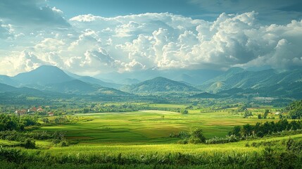 Fototapeta premium Nestled in the hills of northern Vietnam, vibrant rice fields are bathed in soft sunlight