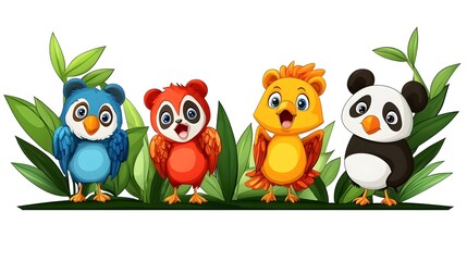 Naklejka premium Vibrant Rainforest Teeming with Diverse Wildlife Such as Birds Pandas and Big Cats Amid Lush Verdant Foliage and Flora