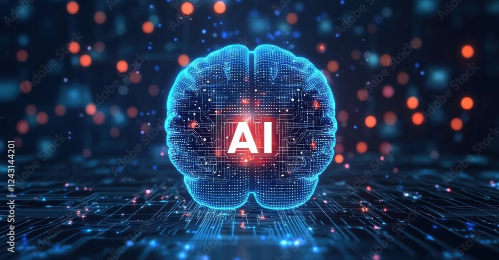 Poster artificial intelligence is emerging from a digital human brain, forming a futuristic concept
