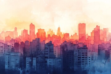 Obraz premium City skyline at dusk with glowing orange lights