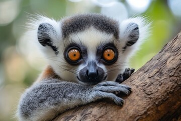 Fototapeta premium Closeup of a lemur peeking through green leaves