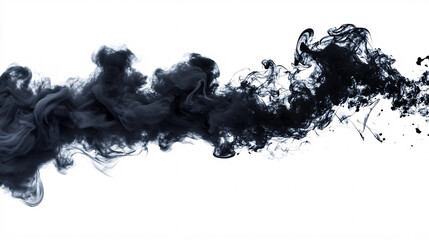 A dynamic plume of black smoke on a white background symbolizes concepts of pollution and danger.