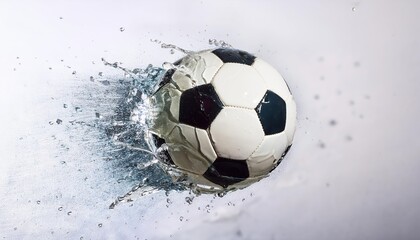 Dynamic firefly glass soccer ball bursting with water on a white background creating a visually striking effect