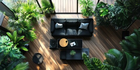 Luxurious Living Room Decorated With Lush Green Plants