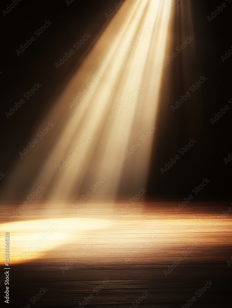 Poster a serene scene with soft beams of light illuminating a dark space, creating a calm and peaceful atmo