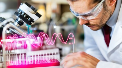 Scientific experiment conducted by researcher in laboratory setting featuring advanced technology and data analysis close-up perspective