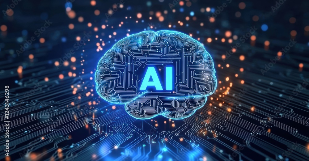 Poster Digital brain with AI text glowing over circuit board background
