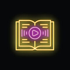 Neon icon of audiobook or podcast playing on smartphone app, digital education, online library concept