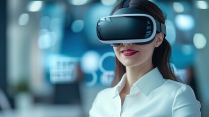 Personalization marketing and profile, A woman in a white shirt smiles while wearing a virtual reality headset, immersed in a tech environment.