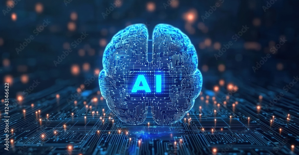 Poster Digital brain representing artificial intelligence glowing on circuit board