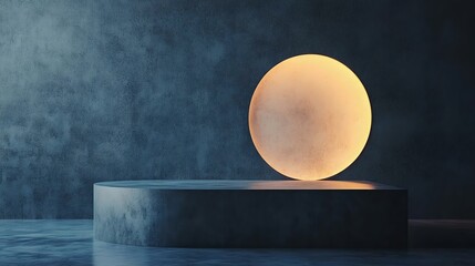 A minimalist scene featuring a glowing orb on a sleek pedestal, set against a textured blue wall, creating a serene and modern ambiance.