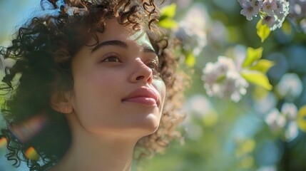 A serene portrait of a young woman with curly hair enjoying a blooming tree, showcasing natural beauty and tranquility in a spring setting.