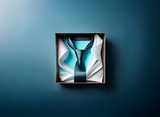 Folded dark blue tie in a square brown gift box with white tissue paper. The box is placed on a smooth gradient blue backdrop.
