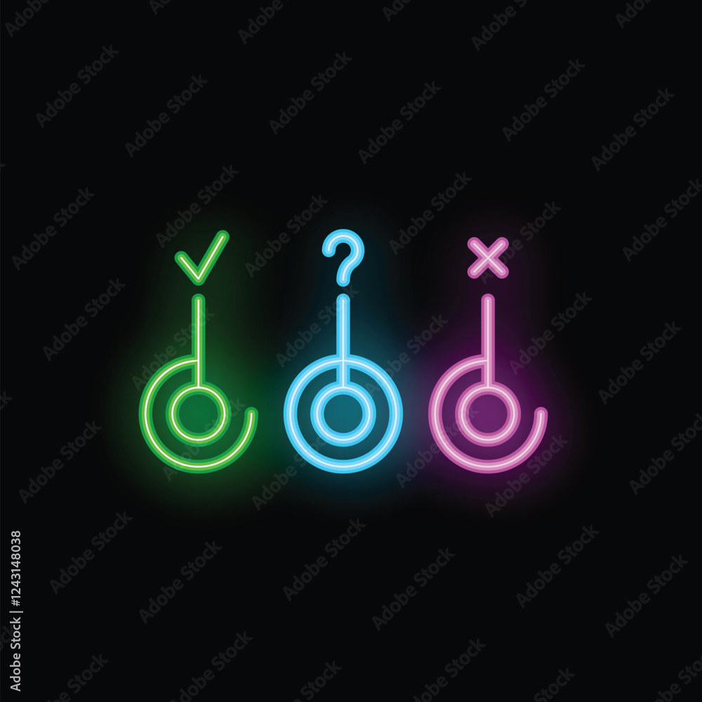 Aufkleber neon icons illustrating the concept of choosing between right and wrong answers