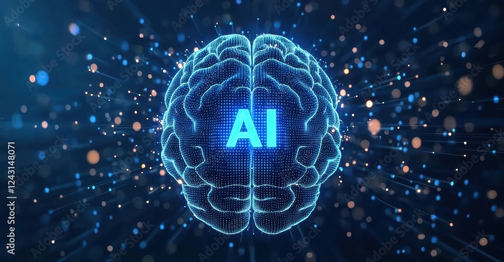 Poster Digital brain representing artificial intelligence emitting data on blue background