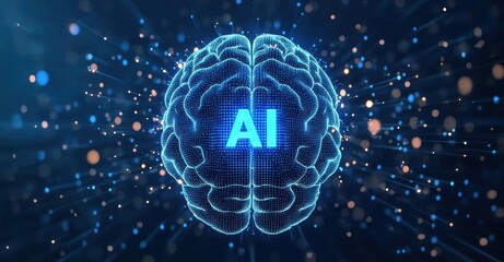 Obraz premium Digital brain representing artificial intelligence emitting data on blue background