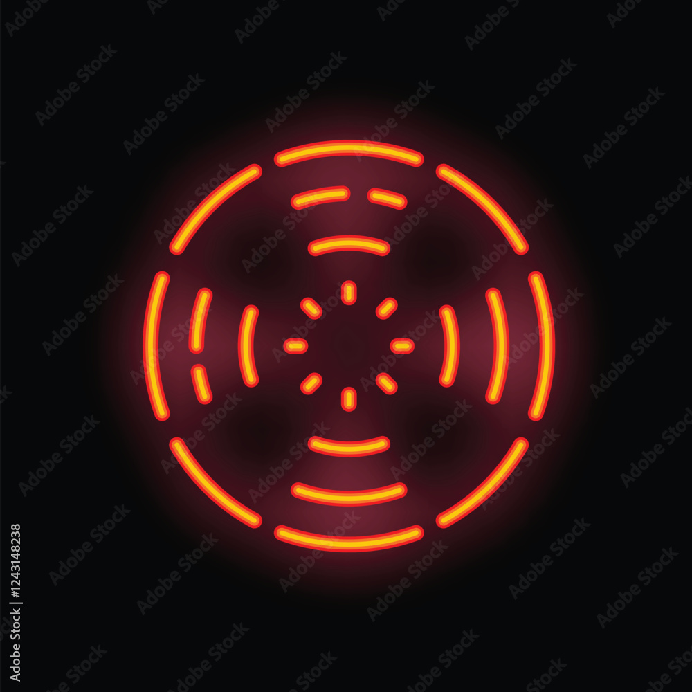 Poster red and orange neon light forming a circular shape with lines emanating from the center on a black b