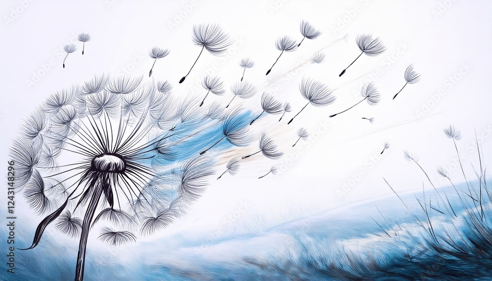 Aufkleber dandelion drifting in the wind with ethereal flying elements creating a calm and serene atmosphere