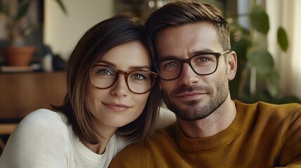 A young woman with brown hair and glasses wearing an elegant beige top is sitting on the couch next to her boyfriend
