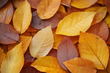 Fototapeta premium Golden autumn scenery with scattered leaves on ground