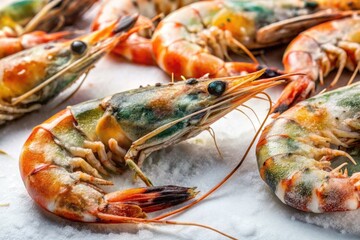 High-resolution close-up reveals spoiled shrimp, rotten seafood, and moldy, darkened shells; stark depiction of food waste.