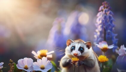 Realistic possum with wild flowers enjoying a sunny afternoon in a vibrant garden setting