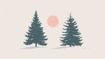 Fototapeta premium A serene illustration of two evergreen trees under a soft pink sun, perfect for nature-themed projects and backgrounds.