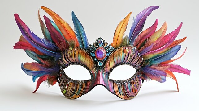 Mardi Gras Masquerade: Colorful feathered mask with gemstone details.