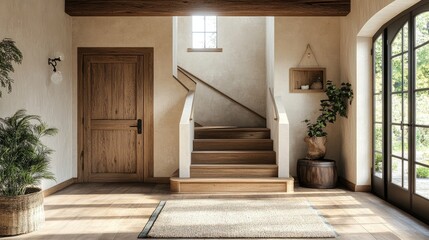 Modern entrance hall with a wooden staircase and rustic style