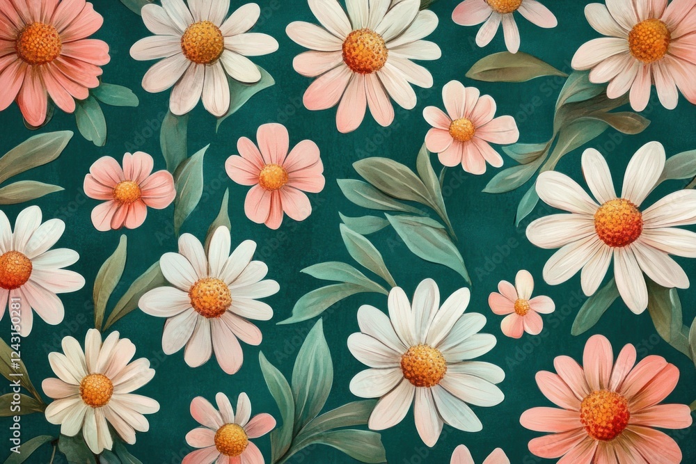 Wall mural Beautiful floral pattern featuring pink and white daisies on a teal background, perfect for spring themed designs and nature inspired projects