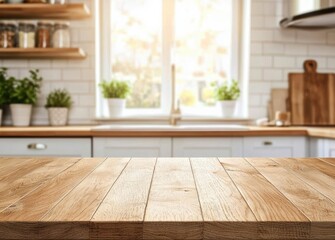 Empty wooden table top on blurred kitchen background for product display