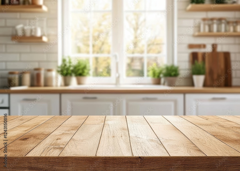 Aufkleber empty wooden table top on blurred kitchen background for product display