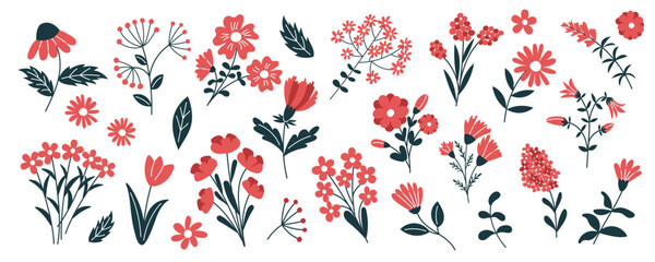 Set of stylized flowers and botanical elements in red and black isolated on white. Concept of floral decoration, nature, Easter, holiday, spring and summer beauty. Vector hand drawn cliparts.