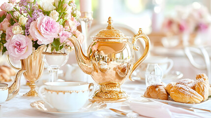 Fototapeta premium Elegant gold teapot, pastries, floral centerpiece, luxury hotel breakfast